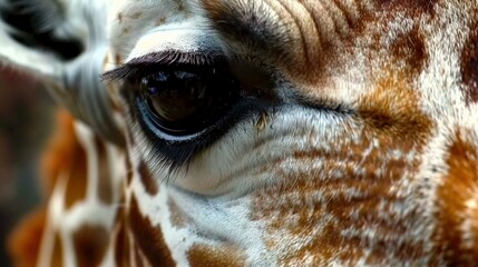 Wall Mural -   A close-up of a giraffe's eye with brown and white spots on its face