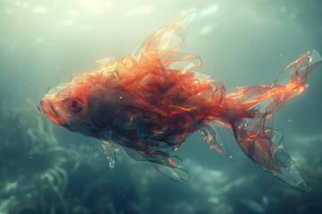 Wall Mural - Fish silhouette made of plastic trash in the ocean, planet pollution, ecology concept, 3d render