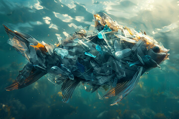 Wall Mural - Fish silhouette made of plastic trash in the ocean, planet pollution, ecology concept, 3d render