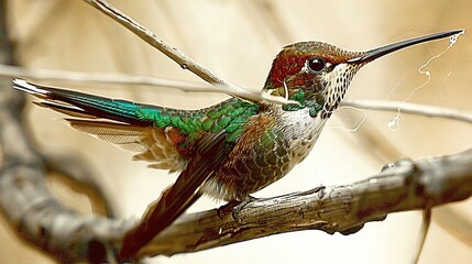 Wall Mural -   A hummingbird perches on a tree branch with its beak open and wings spread wide, droplets of water glistening on its feathers