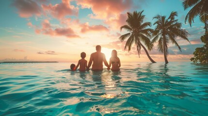 Family in tropical sea with palm tree in vacation at sunset.