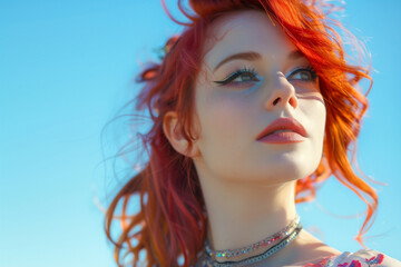 Wall Mural - A beautiful woman with red hair against a blue sky.