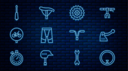 Sticker - Set line Bicycle wheel, brake, cassette, Cycling shorts, Screwdriver, handlebar and seat icon. Vector