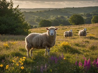 Wall Mural - Sheep stands in field, bathed in sunlight. Behind this sheep, others can be seen amidst wildflowers. Hills stretch into distance. Light of golden hour casts glow over scene.