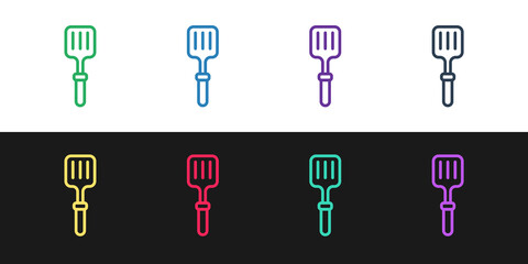 Sticker - Set line Barbecue spatula icon isolated on black and white background. Kitchen spatula icon. BBQ spatula sign. Barbecue and grill tool. Vector