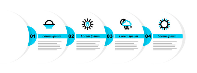 Sticker - Set line Sun, Cloud with rain and moon, Sunset and icon. Vector