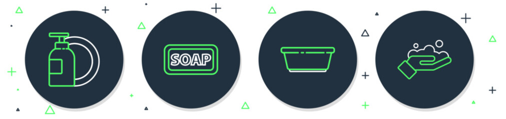 Poster - Set line Bar of soap, Plastic basin, Dishwashing liquid bottle and plate and Washing hands with icon. Vector