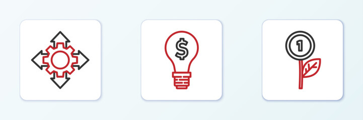 Sticker - Set line Dollar plant, Project team base and Light bulb with dollar icon. Vector