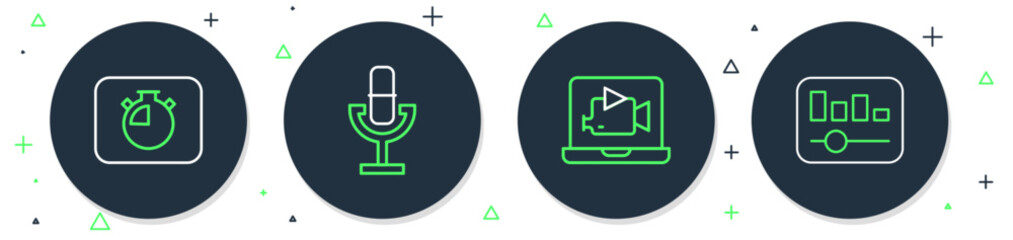 Poster - Set line Microphone, Online play video, Stopwatch and Music equalizer icon. Vector