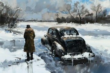 Wall Mural - the car of the years 1940 in winter on the river
