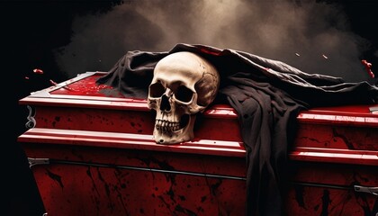 Fototapeta a striking image of a skull draped with a black cloak on a vivid red coffin splattered with blood, evoking a vivid sense of horror and dread.. ai generation