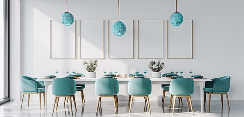 Wall Mural - Japandi dining room with turquoise accents, 5 empty posters mockup template on white wall, light reflection, wall art gallery, 3D illustration,