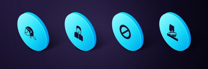 Set Isometric Burning car, Ban, Censor and freedom of speech and Police helmet icon. Vector