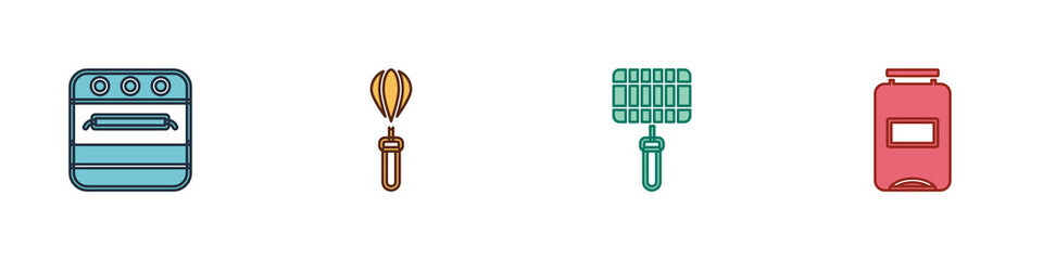 Sticker - Set Oven, Kitchen whisk, Barbecue steel grid and Jam jar icon. Vector