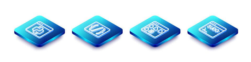 Set Isometric line Python programming language, Programming syntax, Browser files and Code terminal icon. Vector