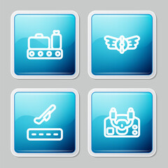 Canvas Print - Set line Conveyor belt with suitcase, Aviation emblem, Plane takeoff and Aircraft steering helm icon. Vector