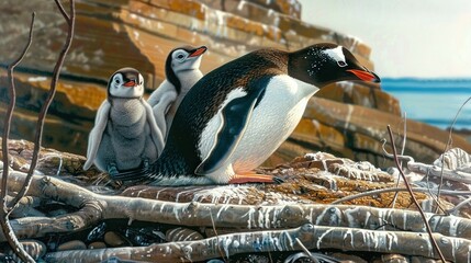 Poster -   A group of penguins rests atop a rocky mound beside a tranquil waterway and a towering cliff