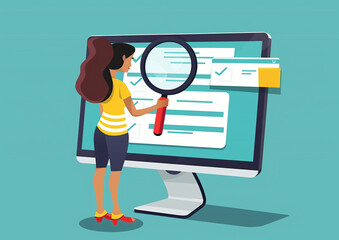 Wall Mural - Woman with magnifying glass searching on digital interface, flat vector illustration of woman looking at check list and forms online form the screen computer for business or modern web design concept