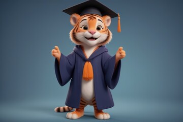 A cartoon tiger, adorned with a graduation cap and glasses, symbolizes educational achievement. The graduation attire reinforces the theme of academic success.