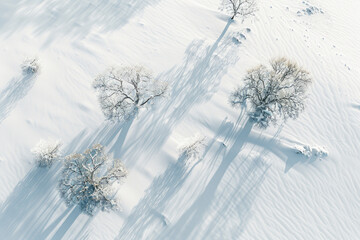 Wall Mural - Aerial view of a snow-covered landscape, with minimal elements and a focus on the purity of the snow against sparse trees or rocks. 