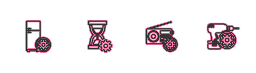 Poster - Set line Refrigerator setting, Radio, Hourglass and Drill machine icon. Vector