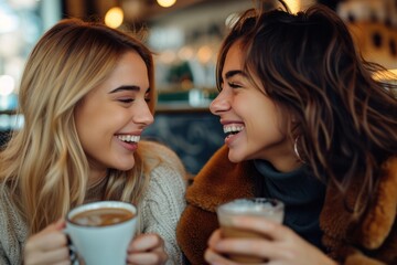 Two happy girls are sitting in cafe and drinking coffee. Communication with friends and lifestyle