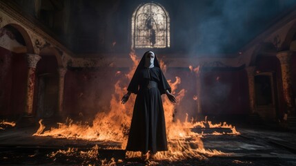 Wall Mural - Possessed bloody Nun in a church or temple. Nun possessed by the devil. Evil nun. Horror movie concept. Halloween concept with copy space. Portrait of scary devilish nun.