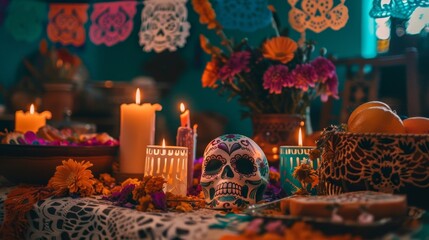 Traditional Mexican Day of the Dead Altar with Family Photos, Candles, Papel Picado, Pan de Muerto, and Sugar Skulls in a Dimly Lit Room.