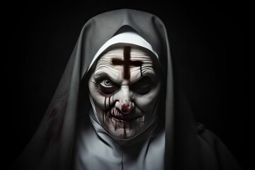 Possessed Nun on a background with copy space. Nun possessed by the devil. Evil nun. Horror movie concept. Halloween concept with copy space. Portrait of scary devilish nun.