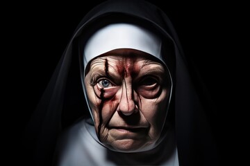 Wall Mural - Possessed Nun on a background with copy space. Nun possessed by the devil. Evil nun. Horror movie concept. Halloween concept with copy space. Portrait of scary devilish nun.