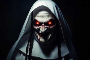 Wall Mural - Possessed Nun on a background with copy space. Nun possessed by the devil. Evil nun. Horror movie concept. Halloween concept with copy space. Portrait of scary devilish nun.