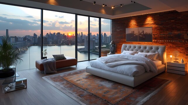 A modern luxury bedroom featuring sleek minimalist design, with a platform bed dressed in crisp white linens and a tufted leather headboard. A panoramic view of the city skyline through expansive