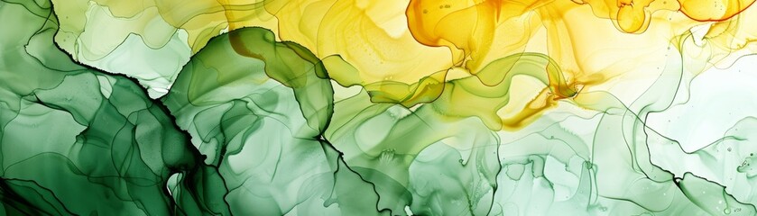 Wall Mural - An abstract color background created using alcohol ink in green and yellow, with modern liquid texture. It is decorated with nature fresh colors, with watercolors, and is popular for use in printed