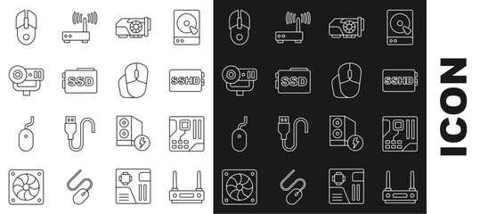 Poster - Set line Router and wi-fi signal, Motherboard digital chip, SSHD card, Video graphic, SSD, Web camera, Computer mouse and icon. Vector