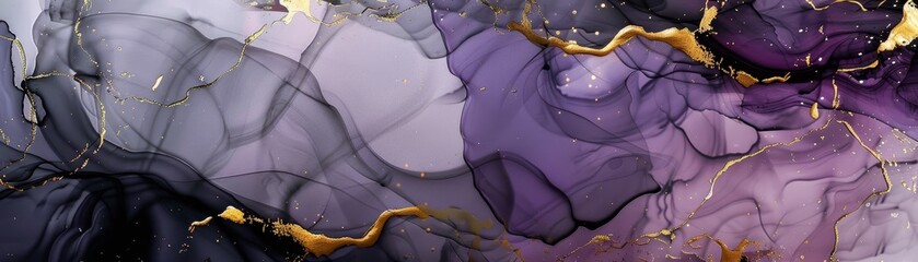 Aufkleber - The background is an abstract alcohol ink, with a modern luxury wallpaper design in purple and grey. The design is embellished with golden elements and has a white copy area.