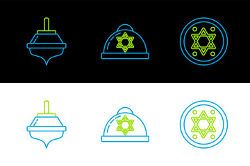 Poster - Set line Jewish coin, Hanukkah dreidel and kippah with star of david icon. Vector