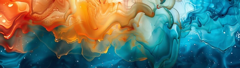 Aufkleber - Blue, orange and turquoise abstract alcohol ink background, fiery hand-drawn art on black, flames texture