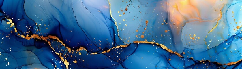 Aufkleber - A background of alcohol ink with golden path design elements, a hand painted artwork with a strong blue accent, original wallpaper, and elegant decoration.