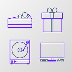 Poster - Set line Video game console, Vinyl player with vinyl disk, Gift box and Cake icon. Vector