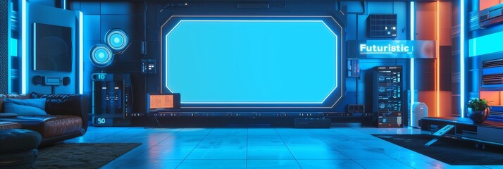 Aufkleber - Mix of digital 3D illustration and matte painting on a smart TV with a blank empty mockup blue screen.