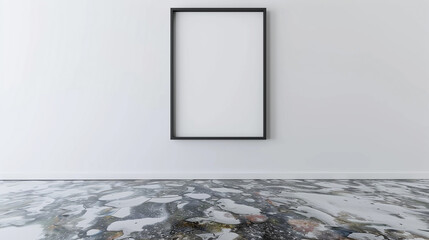 Wall Mural - Minimalist 3D rendered mockup of a blank frame on a white wall in a room with a synthetic resin floor. Ultra HD, realistic image.