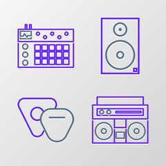 Sticker - Set line Home stereo with two speakers, Guitar pick, Stereo and Drum machine icon. Vector