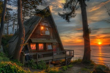 Wall Mural - Cozy wooden cabin basks in the golden light of a sunset by the sea, offering a serene escape