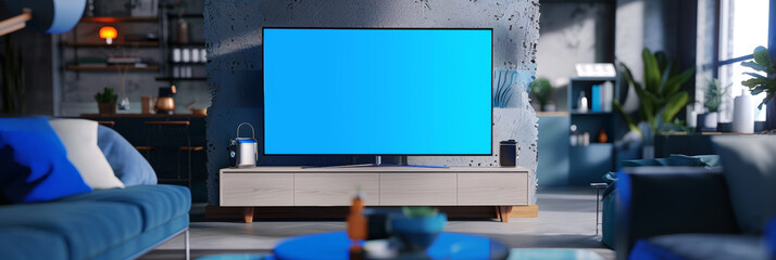 Aufkleber - Objects mixed with digital 3D illustration and matte painting depicting a Smart TV with empty mockup blue screen on cabinet in a modern living room.