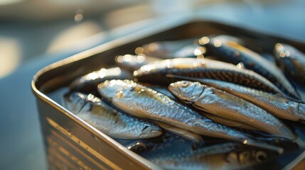 The gleaming anchovies overflow from a tin can with no lid, cast in playfully playful shadows against the sharp blue and white divide