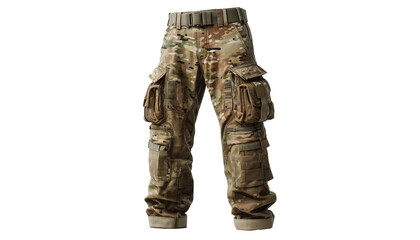  Military soldier pants isolated on a white background. The pants are detailed with camouflage patterns, multiple utility pockets, and rugged fabric. 