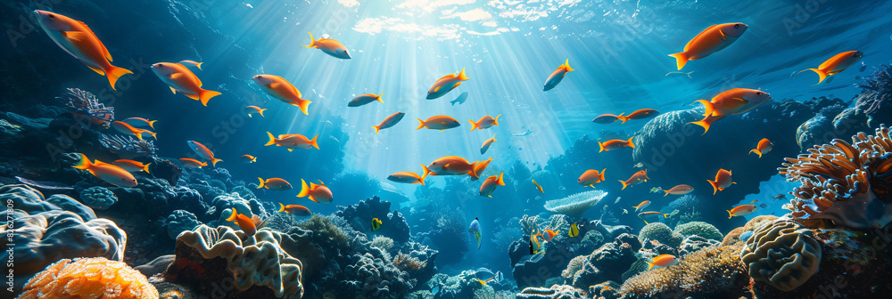 Vibrant underwater scene with colorful tropical fish swimming around a ...
