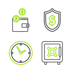 Poster - Set line Safe, Clock, Shield with dollar symbol and Wallet coins icon. Vector