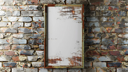 Wall Mural - Blank frame on a vintage brick wall, 3D rendered poster mockup, ideal for artistic showcases.