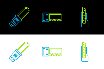 Canvas Print - Set line Stationery knife, Chainsaw and Hand icon. Vector